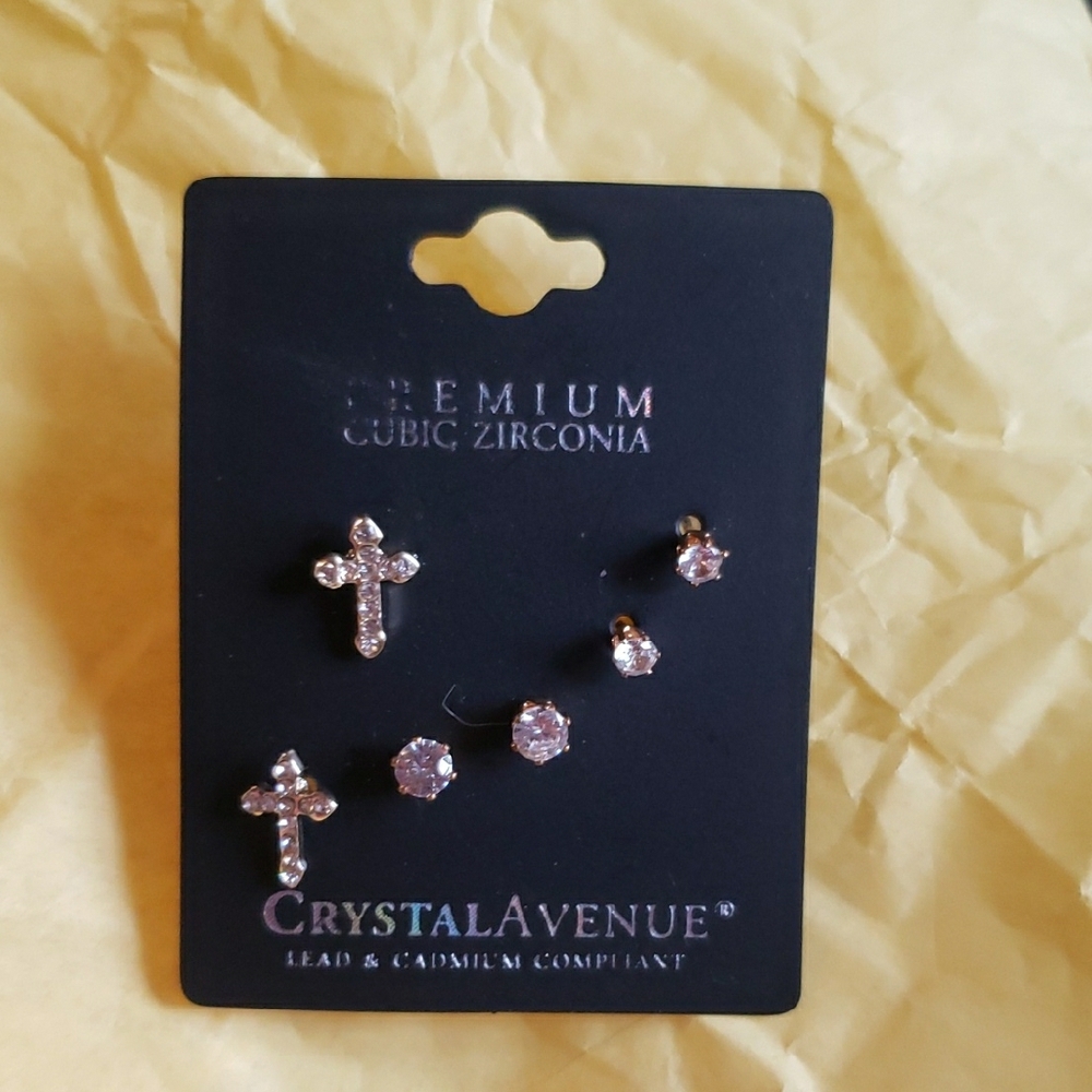 CRYSTAL AVENUE Gold and Silver Cross and Round Stud Earrings Set